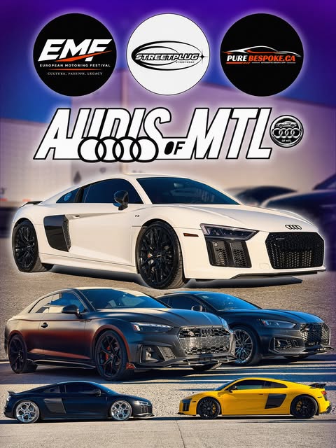 Season Closer flyer: Audis of MTL logo with partner logos above a white R8, two RS5s, a black R8 and a yellow R8.